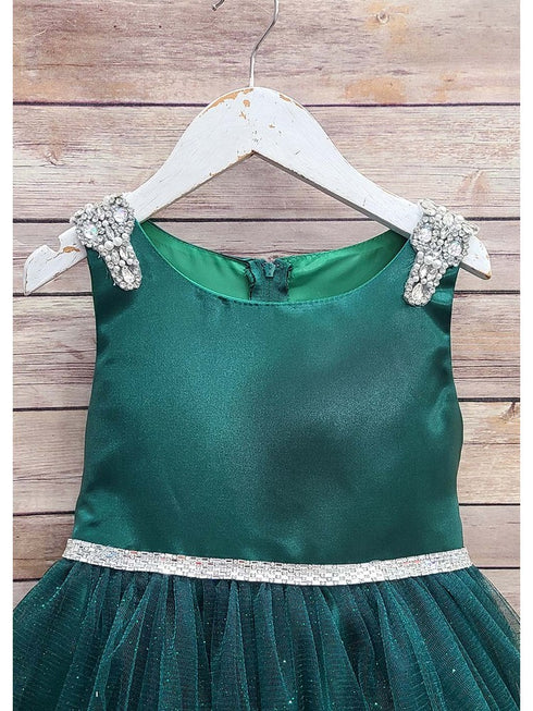 Petite Adele Little Girls Hunter Green Beaded Shoulder Crystal Belt Gown 2-6 - SophiasStyle.com